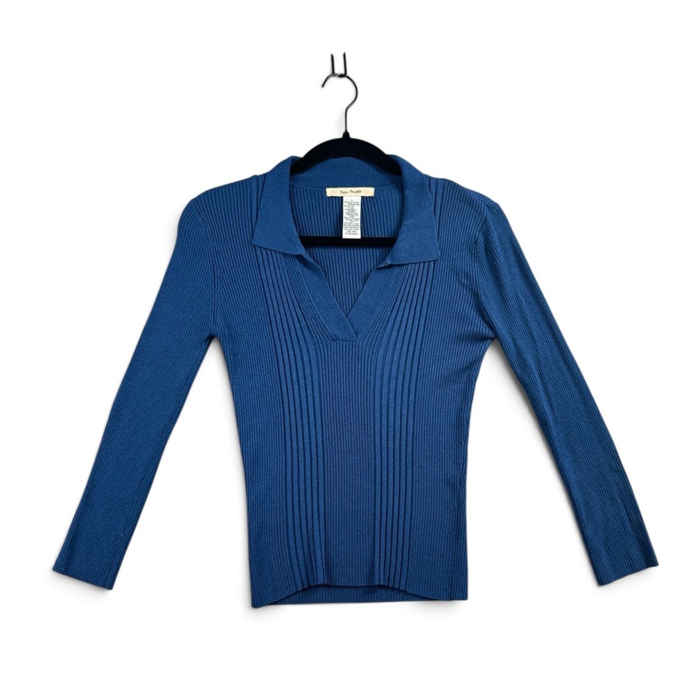 Vintage 90s Free People Ribbed Knit Polo V-Neck Long Sleeve Top Blue Large